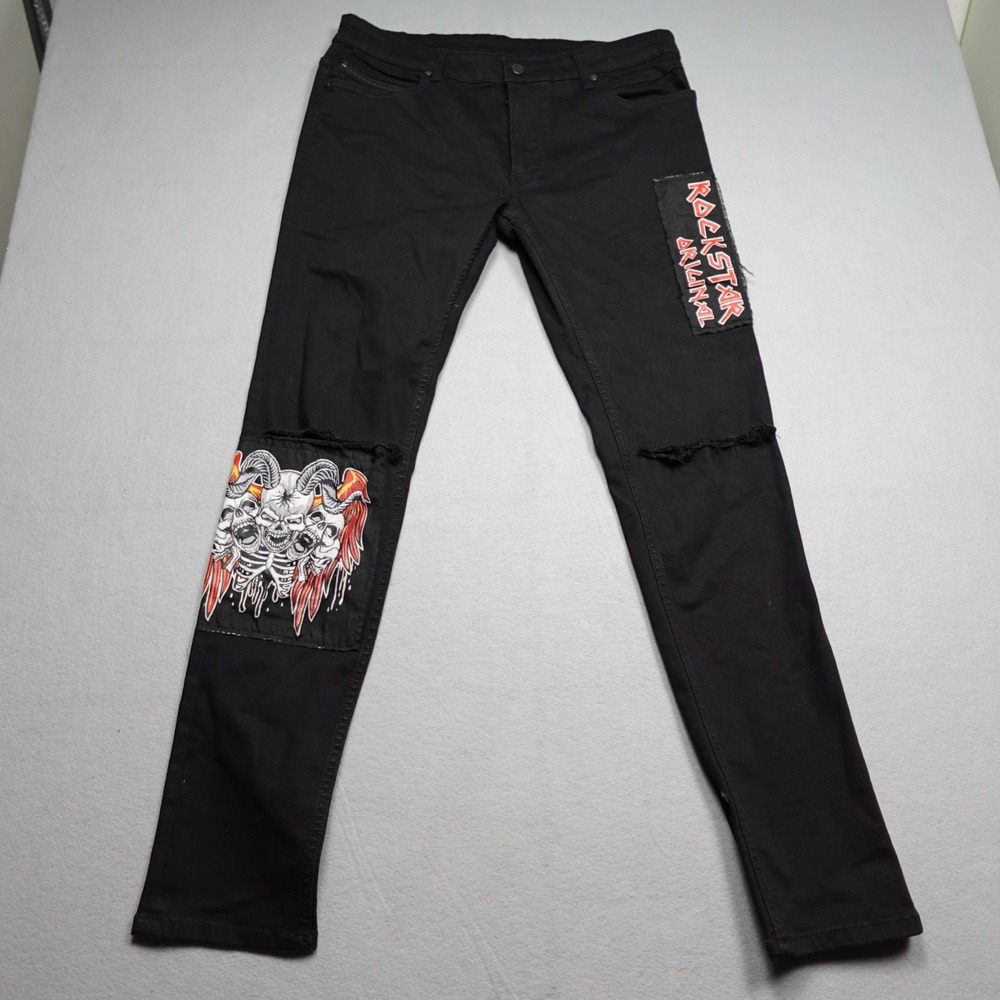Rockstar Original Jeans Men 36x32 Black Ultra Slim Skull Graphic Streetwear